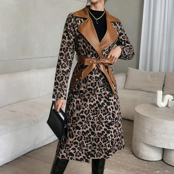 Women's Autumn Colorblock Stand Collar Leopard Print Long Sleeve Long Jacket - Picture 1 of 6